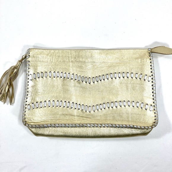Handmade Italian Leather Gold Metallic Cutout Whipstitch Tassel Clutch Purse - Picture 1 of 7